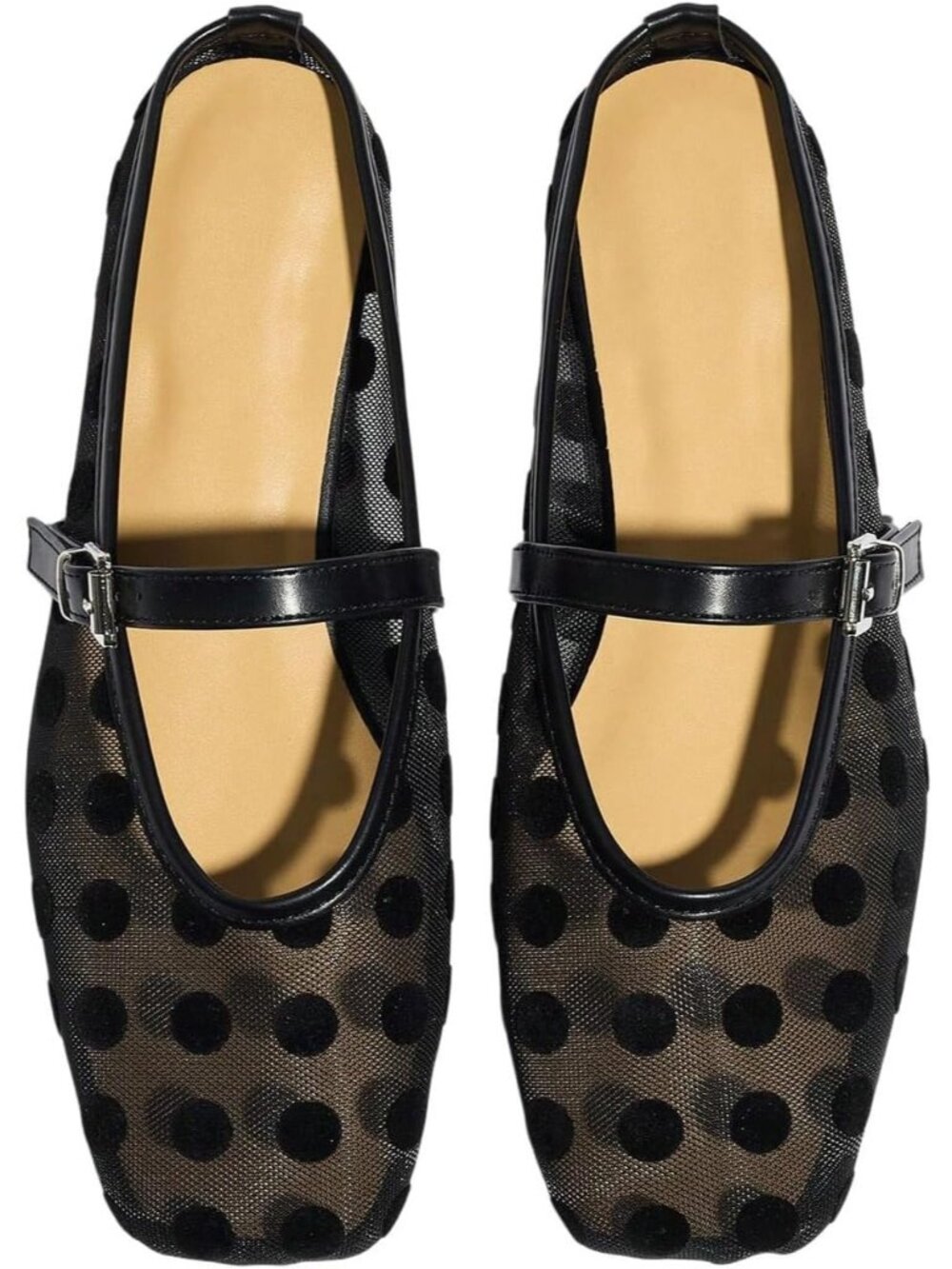 Women's Black Mules Square Closed Toe Polka Dots Mesh Ballet Loafer Flat Shoes